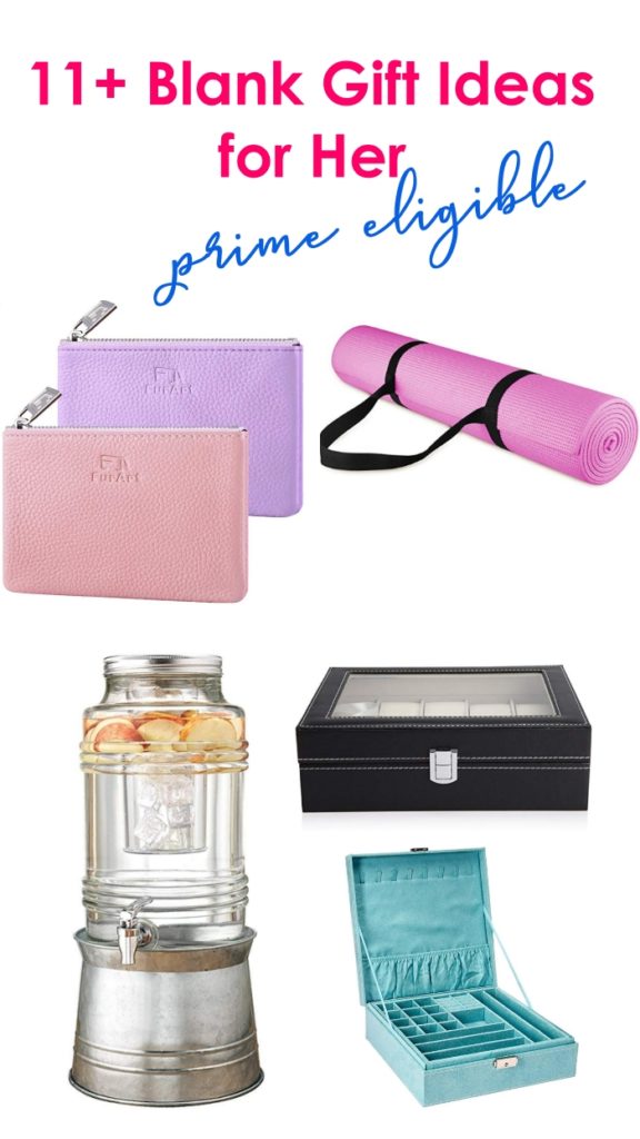 Blank gift ideas to personalize with Cricut; leather coin purse, yoga mat, water dispenser, watch box, jewelry box