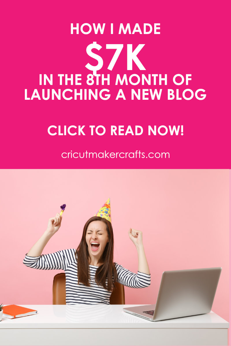 Woman sitting on a desk celebrating blogging success in front of a laptop